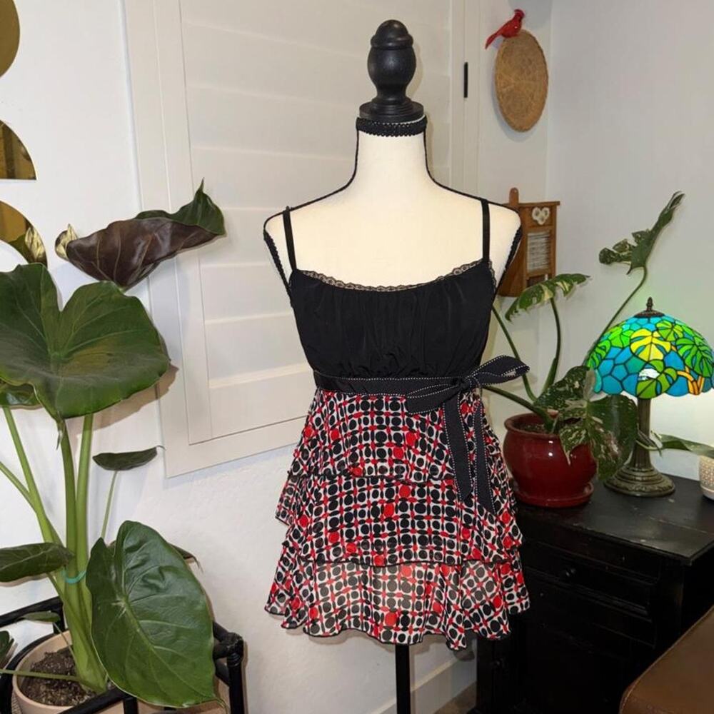 Heart & Soul Y2K Tiered Ruffle Babydoll Cami Top Red Black White Large